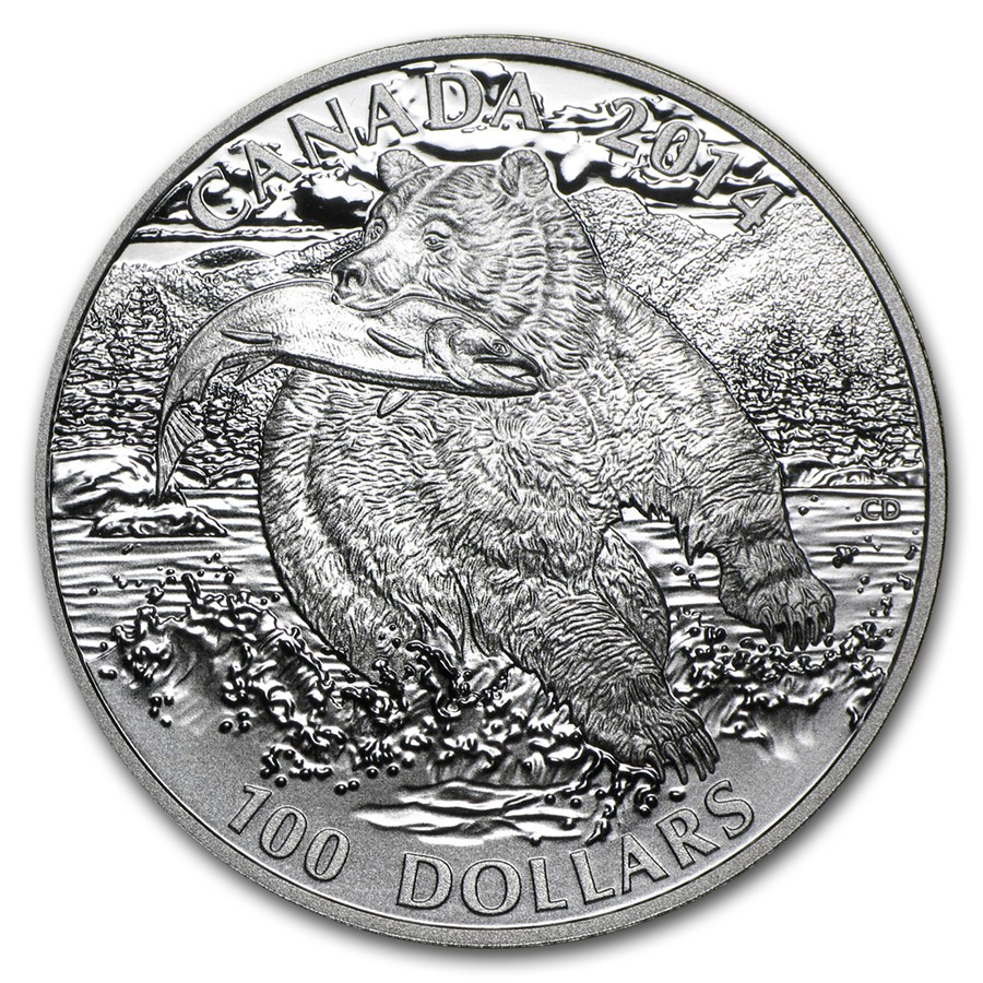 CANADA 2014 $100 Fine Silver Commemorative Coin - Wildlife In Motion - Grizzly - $100 for $100 - #2 In Series